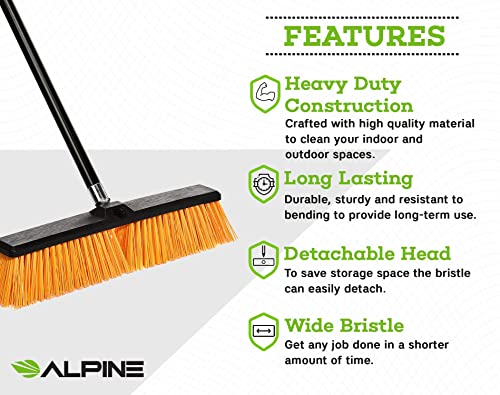 Alpine Heavy Duty Push Broom for Floor Cleaning Stiff Bristle Brush for Shop, Deck, Garage, Concrete for Indoor & Outdoor Sweeping Broom (Orange-18 inches-Pack of 3)