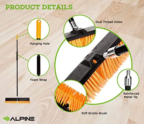 Alpine Heavy Duty Push Broom for Floor Cleaning Stiff Bristle Brush for Shop, Deck, Garage, Concrete for Indoor & Outdoor Sweeping Broom (Orange-18 inches-Pack of 3)