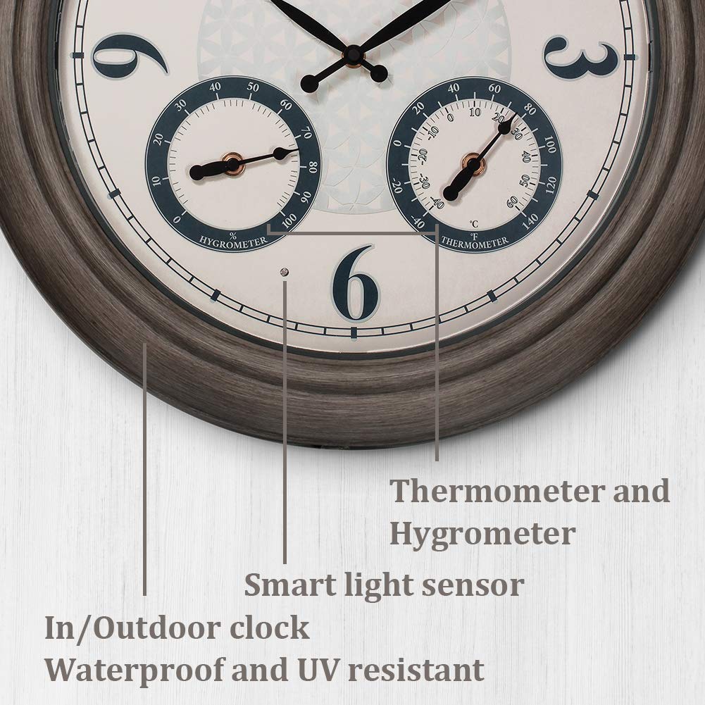 Presentime & Co 18" Farmhouse Outdoor Luminous Clock with Weather Thermometer & Hygrometer, Weather Station, Night Light with Smart Sensor - Grey Oak Finish, Outdoor Lights & Decoration.