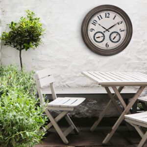 Presentime & Co 18" Farmhouse Outdoor Luminous Clock with Weather Thermometer & Hygrometer, Weather Station, Night Light with Smart Sensor - Grey Oak Finish, Outdoor Lights & Decoration.