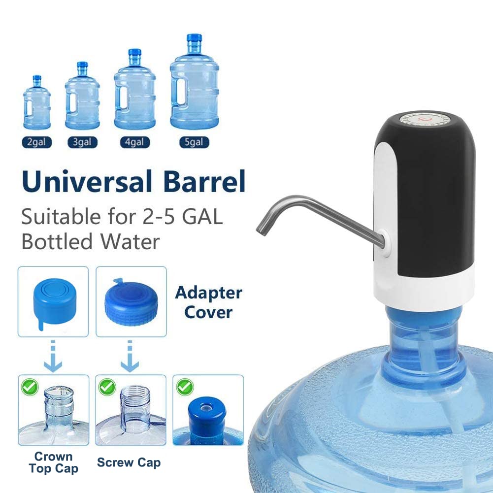 CHIVENIDO 5 Gallon Water Dispenser - Water Bottle Pump with Reusable Caps for Screw Top or Crown Tops, USB Charging Water Jug Dispenser for Universal 2-5 Gallon Bottle