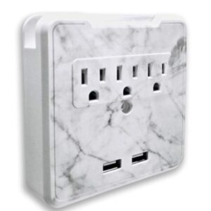 Glamsockets Decorative Wall Mount Surge Protector with 3 Outlets, Dual USB Charging Ports and Phone Holder - USB Charging Center/Multi Function Wall Tap (Carrara Marble)