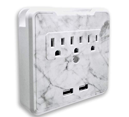 Glamsockets Decorative Wall Mount Surge Protector with 3 Outlets, Dual USB Charging Ports and Phone Holder - USB Charging Center/Multi Function Wall Tap (Carrara Marble)