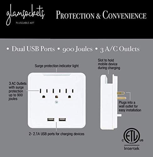 Glamsockets Decorative Wall Mount Surge Protector with 3 Outlets, Dual USB Charging Ports and Phone Holder - USB Charging Center/Multi Function Wall Tap (Carrara Marble)