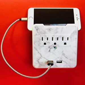Glamsockets Decorative Wall Mount Surge Protector with 3 Outlets, Dual USB Charging Ports and Phone Holder - USB Charging Center/Multi Function Wall Tap (Carrara Marble)