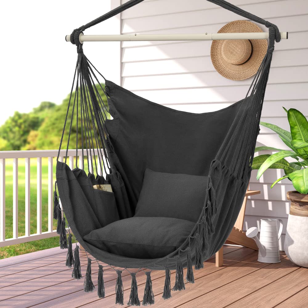 Y- STOP Hammock Chair Hanging Rope Swing, Max 500 Lbs, 2 Cushions Included, Large Macrame Hanging Chair with Pocket, Cotton Weave for Superior Comfort, Durability (Dark Grey)