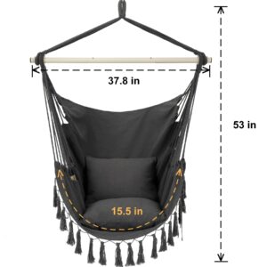 Y- STOP Hammock Chair Hanging Rope Swing, Max 500 Lbs, 2 Cushions Included, Large Macrame Hanging Chair with Pocket, Cotton Weave for Superior Comfort, Durability (Dark Grey)