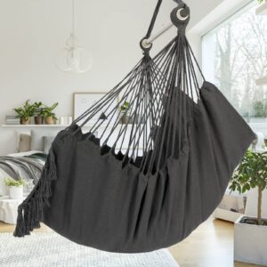 Y- STOP Hammock Chair Hanging Rope Swing, Max 500 Lbs, 2 Cushions Included, Large Macrame Hanging Chair with Pocket, Cotton Weave for Superior Comfort, Durability (Dark Grey)
