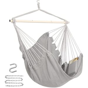 y- stop hammock chair hanging rope swing, max 500 lbs, hanging chair with pocket, removable steel spreader bar with anti-slip rings, quality cotton weave for comfort, durability, light grey