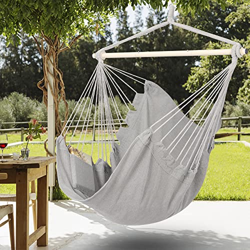 Y- STOP Hammock Chair Hanging Rope Swing, Max 500 Lbs, Hanging Chair with Pocket, Removable Steel Spreader Bar with Anti-Slip Rings, Quality Cotton Weave for Comfort, Durability, Light Grey