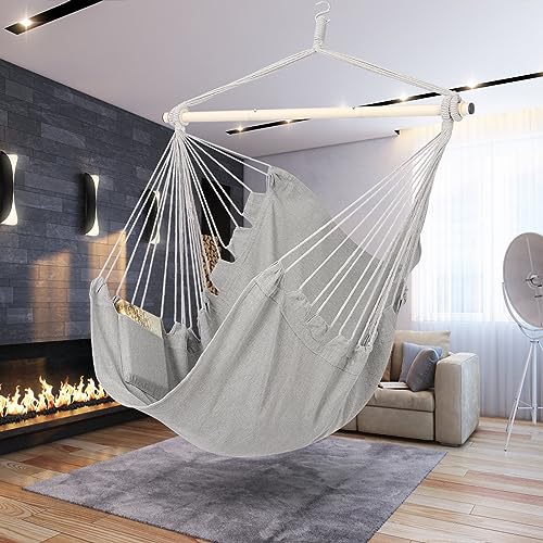 Y- STOP Hammock Chair Hanging Rope Swing, Max 500 Lbs, Hanging Chair with Pocket, Removable Steel Spreader Bar with Anti-Slip Rings, Quality Cotton Weave for Comfort, Durability, Light Grey