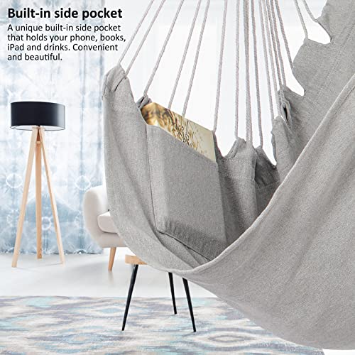 Y- STOP Hammock Chair Hanging Rope Swing, Max 500 Lbs, Hanging Chair with Pocket, Removable Steel Spreader Bar with Anti-Slip Rings, Quality Cotton Weave for Comfort, Durability, Light Grey