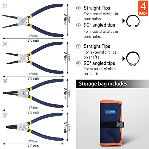 WISEPRO Snap Ring Pliers Set 7 Inch Heavy Duty External/Internal Circlip Pliers Kit with Straight/Ben Jaw for Ring Remover Retaining with Storage Pouch