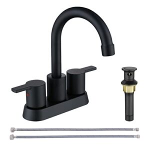 rkf 4 inch matte black bathroom sink faucet 2-handle centerset bathroom faucet with drain 360 swivel spout 2-3 hole bathroom vanity sink faucet bathroom basin lavatory mixer tap bf015-9-mb