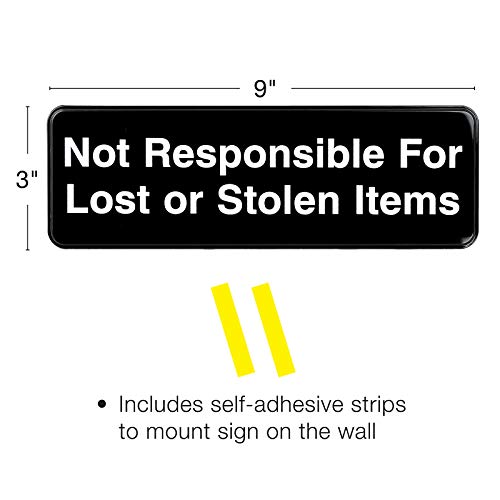 Excello Global Products Not Responsible for Lost or Stolen Articles Sign: Easy to Mount Informative Plastic Sign with Symbols 9x3, Pack of 3 (Black)