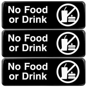 excello global products no food or drink sign: easy to mount informative plastic sign with symbols 9” x 3”, pack of 3 (black)