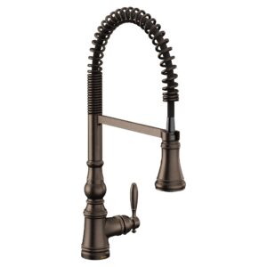 moen weymouth oil rubbed bronze one handle spring pulldown kitchen faucet, farmhouse kitchen sink faucet with power boost for a faster clean, s73104orb