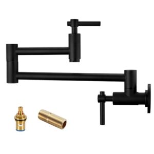 bzoosiu pot filler faucet wall mount, double joint swing arms solid brass folding faucet, single hole two handles wall mount kitchen faucet, matte black