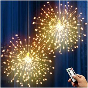 denicmic firework lights 200 led copper wire starburst light, 8 modes battery operated fairy star sphere lights with remote, warm white hanging ceiling decorations for bedroom, christmas, party 2 pack