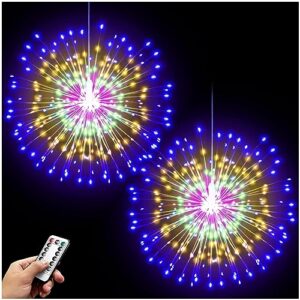 denicmic starburst 200 led firework copper wire sphere lights with remote, 8 modes battery operated chandelier handing ball fairy light for christmas party decoration 2 pcs(colorful)