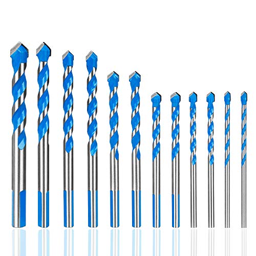 Hakkin 12 Pcs Masonry Drill Bits Set, 3mm - 12mm Concrete Drill Bits Set for Cement Glass Wall Brick Wood, Metric System Tungsten Carbide Tip Triangle Alloy Industrial Strength with Storage Case(Blue)