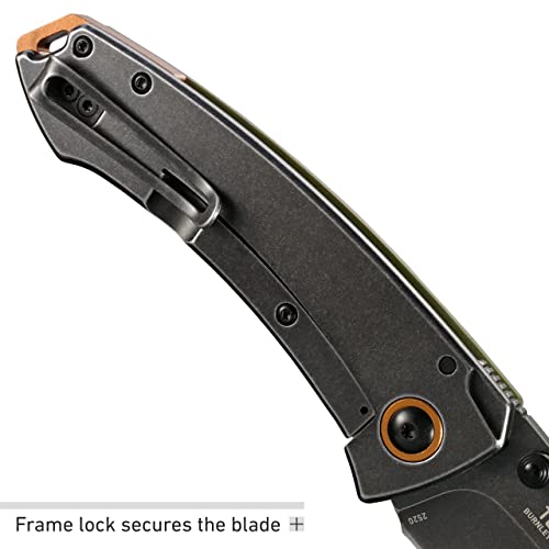 COLUMBIA RIVER KNIFE & TOOL Tuna EDC Pocket Knife: Everyday Carry Utility Folder, Plain Edge Drop Point Blade with Frame Lock, Thumbstud Open, Black Stonewash Finish, Olive Green Handle 2520