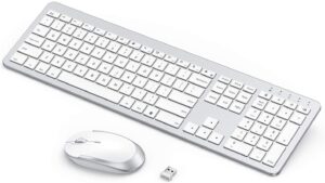 rechargeable wireless keyboard mouse combo - seenda full size cordless keyboard & mouse sets with build-in lithium battery ultra thin quiet keyboard mice - silver and white