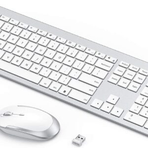 Rechargeable Wireless Keyboard Mouse Combo - Seenda Full Size Cordless Keyboard & Mouse Sets with Build-in Lithium Battery Ultra Thin Quiet Keyboard Mice - Silver and White