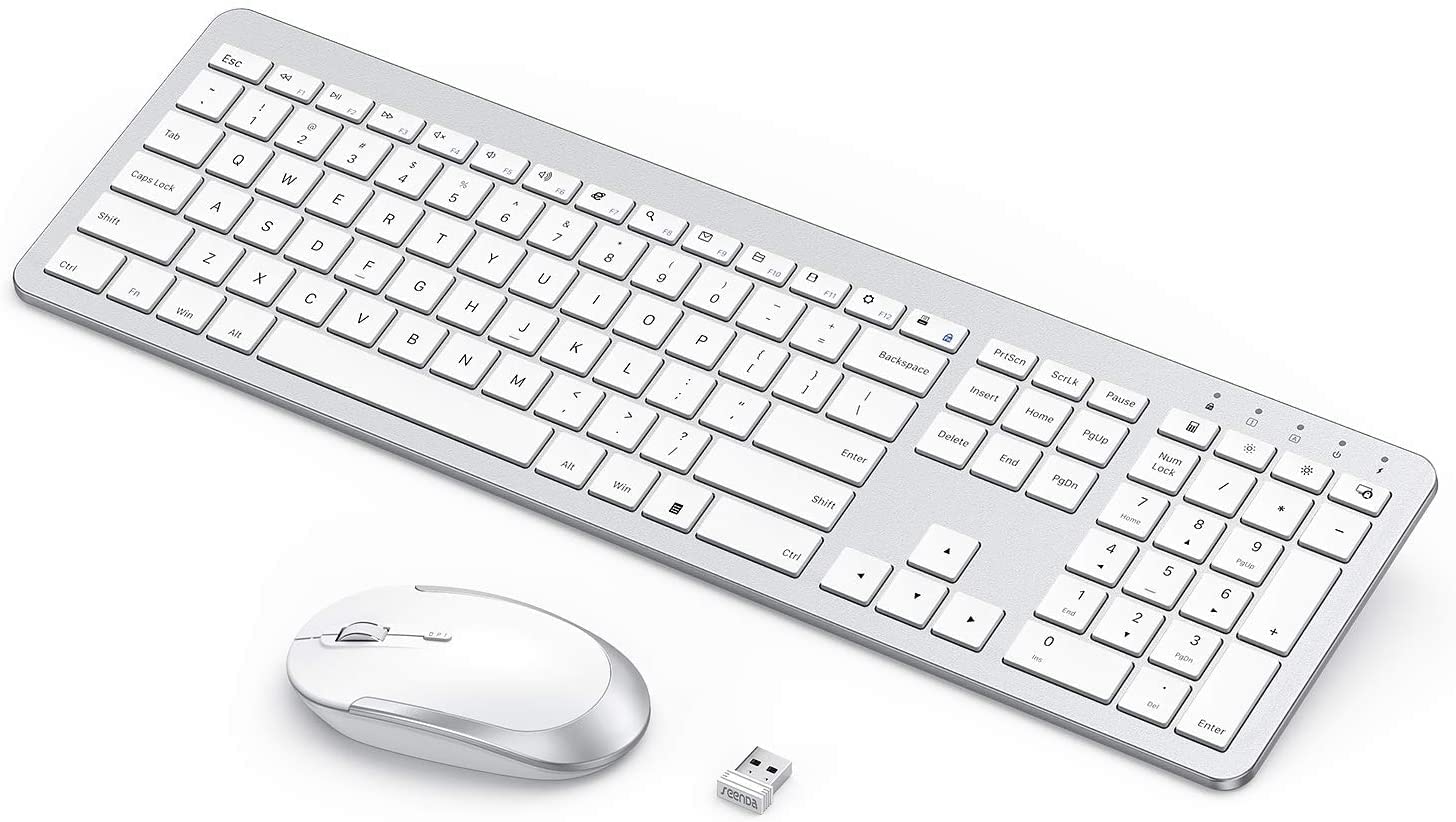 Rechargeable Wireless Keyboard Mouse Combo - Seenda Full Size Cordless Keyboard & Mouse Sets with Build-in Lithium Battery Ultra Thin Quiet Keyboard Mice - Silver and White