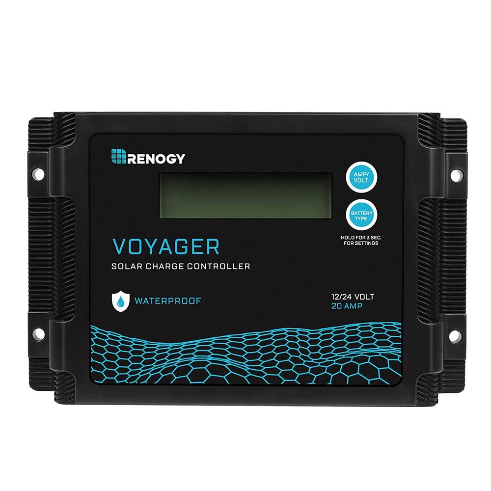 Renogy Voyager 20A 12V/24V PWM Waterproof Solar Charge Controller w/ LCD Display for AGM, Gel, Flooded and Lithium Battery, Used in RVs, Trailers, Boats, Yachts, Voyager 20A