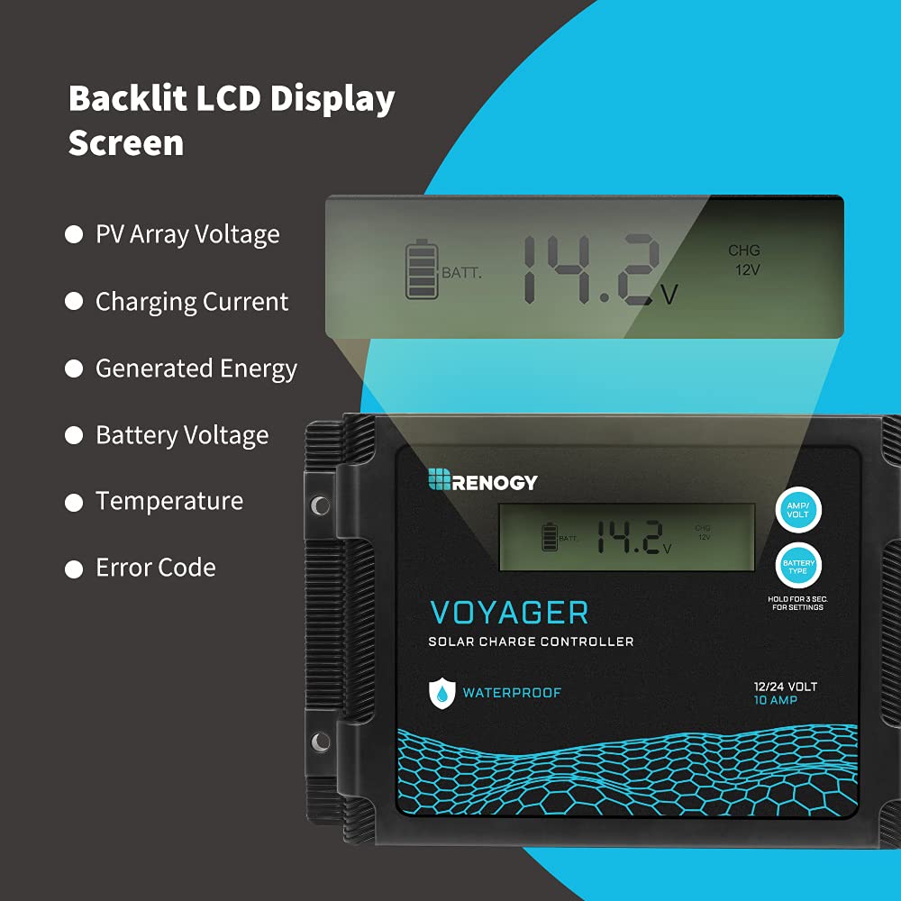 Renogy Voyager 20A 12V/24V PWM Waterproof Solar Charge Controller w/ LCD Display for AGM, Gel, Flooded and Lithium Battery, Used in RVs, Trailers, Boats, Yachts, Voyager 20A