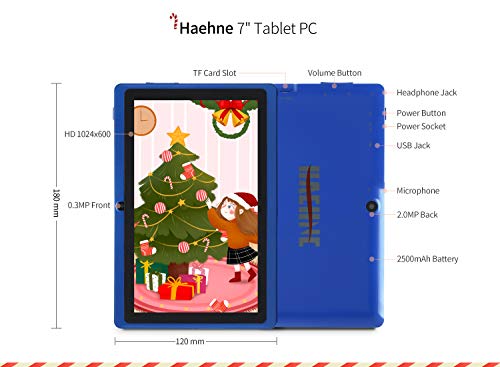 Haehne 7 inch Tablet, Android 9.0 Pie, Quad Core Processor, 1G RAM 16GB Storage, IPS Display, Dual Camera, WiFi Only, Bluetooth, Blue