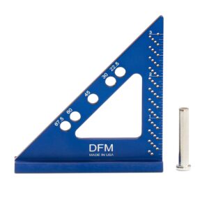 dfm precision engineering square - made in usa small carpenters square work tools w/fixed miter angle pin 3.5" x 3.75" size for pocket 1/16" scribe holes 5 x 1/4" pin holes (english - blue)