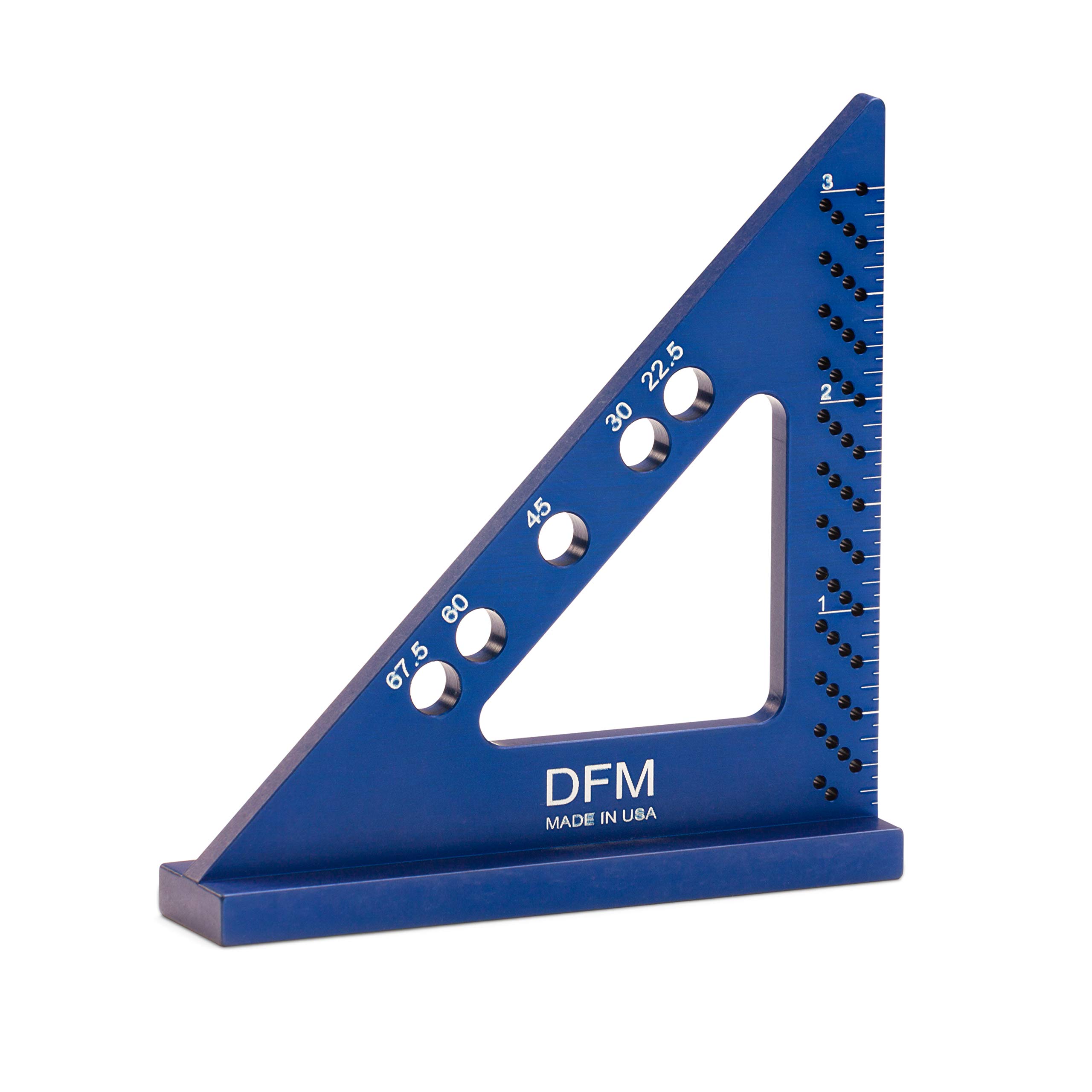 DFM Precision Engineering Square - Made in USA Small Carpenters Square Work Tools w/Fixed Miter Angle Pin 3.5" x 3.75" Size for Pocket 1/16" Scribe Holes 5 x 1/4" Pin Holes (English - Blue)