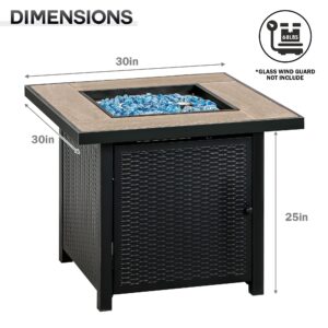 BALI OUTDOORS Propane Gas Fire Pit Table, 30 inch 50,000 BTU Square Gas Firepits with Fire Glass for Outside