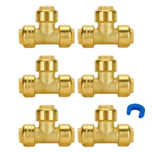 sungator pushfit 1/2" tee fittings, plumbing t fittings 1/2 inch, no lead brass push to connect fittings, push pex fittings tee for pex, copper, cpvc transition, with 1 disconnect clip, pack of 6