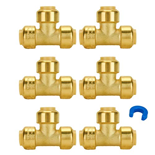 SUNGATOR Pushfit 1/2" Tee Fittings, Plumbing T Fittings 1/2 Inch, No Lead Brass Push to Connect Fittings, Push Pex Fittings Tee for PEX, Copper, CPVC Transition, with 1 Disconnect Clip, Pack of 6