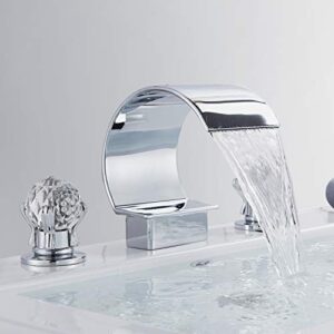 fuz high arc waterfall spout bathroom sink faucet 3 holes 2 crystal knobs vanity basin mixer tap 8-inch and upwards widespread bathtub filler faucet,chrome finish