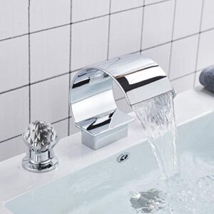 FUZ High Arc Waterfall Spout Bathroom Sink Faucet 3 Holes 2 Crystal Knobs Vanity Basin Mixer Tap 8-inch and Upwards Widespread Bathtub Filler Faucet,Chrome Finish