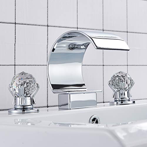 FUZ High Arc Waterfall Spout Bathroom Sink Faucet 3 Holes 2 Crystal Knobs Vanity Basin Mixer Tap 8-inch and Upwards Widespread Bathtub Filler Faucet,Chrome Finish