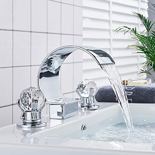 FUZ High Arc Waterfall Spout Bathroom Sink Faucet 3 Holes 2 Crystal Knobs Vanity Basin Mixer Tap 8-inch and Upwards Widespread Bathtub Filler Faucet,Chrome Finish