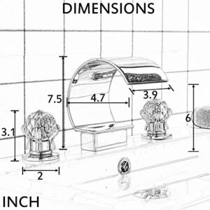 FUZ High Arc Waterfall Spout Bathroom Sink Faucet 3 Holes 2 Crystal Knobs Vanity Basin Mixer Tap 8-inch and Upwards Widespread Bathtub Filler Faucet,Chrome Finish