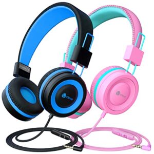 iClever [2 Pack Kids Headphones with Microphone, Safe Volume Limited 85dB/94dB - Wired Headphones for Kids Boys Girls, Foldable Headphones for Online School/Travel/iPad, Black&Pink