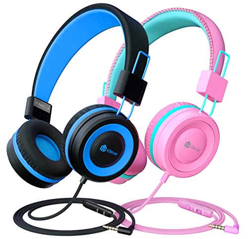 iClever [2 Pack Kids Headphones with Microphone, Safe Volume Limited 85dB/94dB - Wired Headphones for Kids Boys Girls, Foldable Headphones for Online School/Travel/iPad, Black&Pink