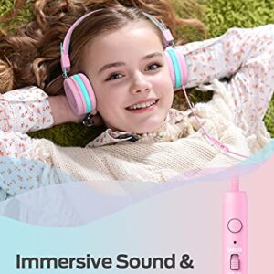 iClever [2 Pack Kids Headphones with Microphone, Safe Volume Limited 85dB/94dB - Wired Headphones for Kids Boys Girls, Foldable Headphones for Online School/Travel/iPad, Black&Pink