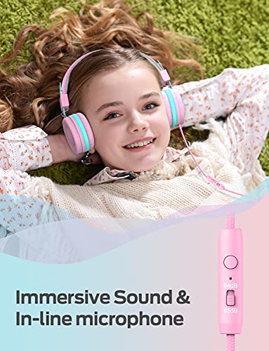 iClever [2 Pack Kids Headphones with Microphone, Safe Volume Limited 85dB/94dB - Wired Headphones for Kids Boys Girls, Foldable Headphones for Online School/Travel/iPad, Black&Pink