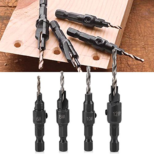 6 Pcs Countersink Drill Bit Set, 1/4 inch Hex Shank HSS Drill Bits #6#8#10#12 Countersink Woodworking Tool with L-Wrench
