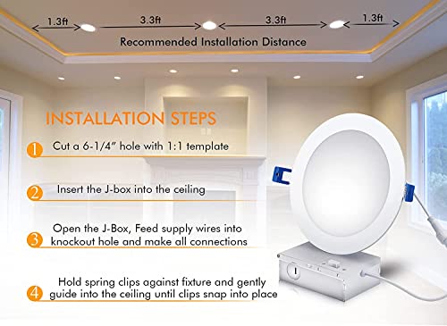 CLOUDY BAY 6 inch 3000K/ 4000K/ 5000K 3 Color Temperature Selectable,Dimmable Recessed Lighting 15W CRI90+,Ultra Thin LED Recessed Light with Junction Box,IC Rated, Air Tight,ETL/JA8,White,6 Pack