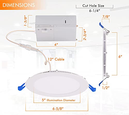 CLOUDY BAY 6 inch 3000K/ 4000K/ 5000K 3 Color Temperature Selectable,Dimmable Recessed Lighting 15W CRI90+,Ultra Thin LED Recessed Light with Junction Box,IC Rated, Air Tight,ETL/JA8,White,6 Pack