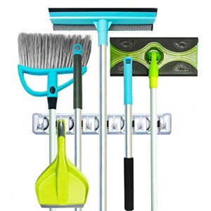 guay clean broom and mop holder - garden tool organizer - home storage utility rack- strong grip hangers with foldable hooks - heavy duty wall mounted shelf system - fixed